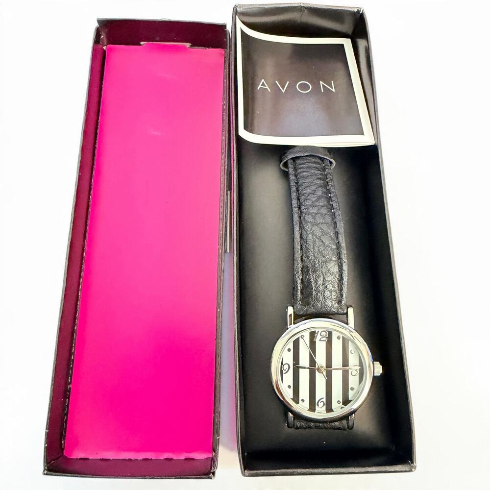 Avon Black & White Striped Dial Watch Black Strap Silver Tone Boxed